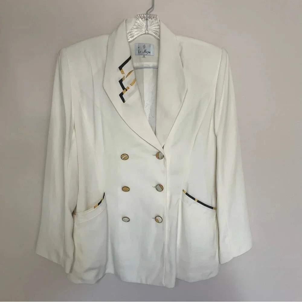 Vintage Le Major  White Blazer Yellow Black Fabric Details and Buttons L